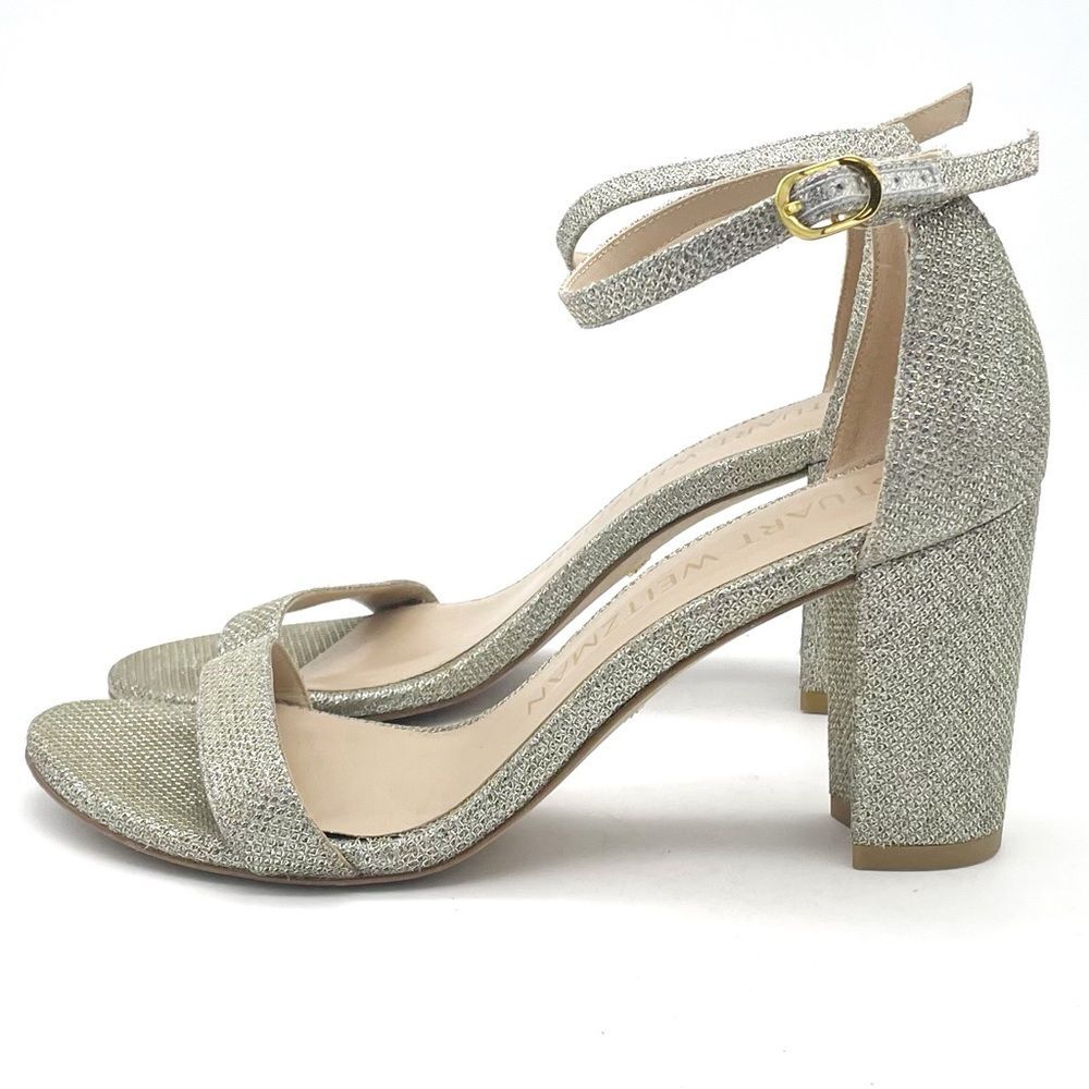 Stuart Weitzman Nudistcurve 75 Glitter Block Heel Sandals Platino Size 7 Wedding